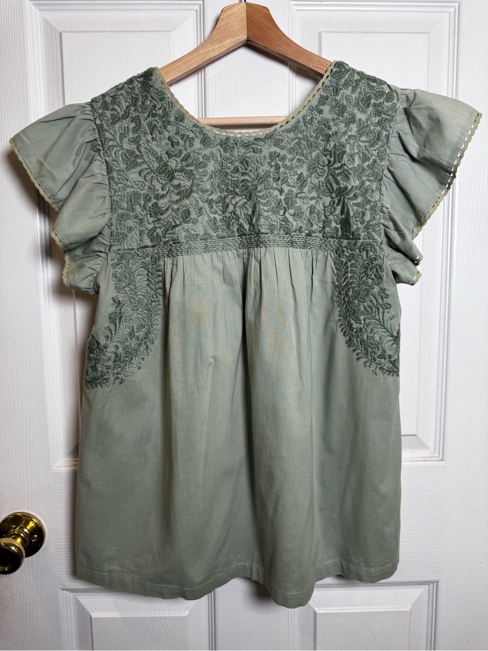 J. Marie Sage Green Embroidered Cotton Flutter Sleeve Boho Top Size Small